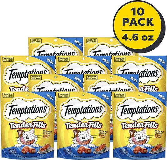 Temptations Tender Fills Crunchy and Soft Adult Cat Treats, Grilled Salmon Flavor, 4.6 oz. Pouch (Pack of 10)
