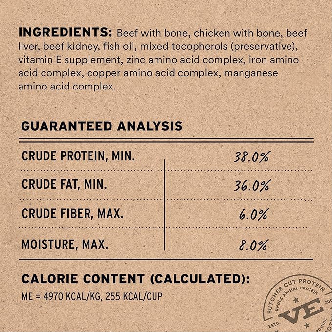 Vital Essentials Freeze Dried Cat Food, Raw Beef & Chicken Crunchy Mini Nibs | Complete Meal or Topper | 96% Beef, Chicken, Organs & Bone | High Protein, Grain Free Dry Cat Food | 8 oz Bag