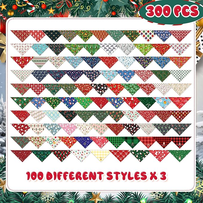 Kacctyen 300 Pcs Christmas Dog Bandanas Bulk Adjustable Winter Holiday Scarfs Washable Santa Snowman Christmas Tree Pet Bibs Pet Costume Accessories for Small Medium Large Dogs Cats Grooming Supplies