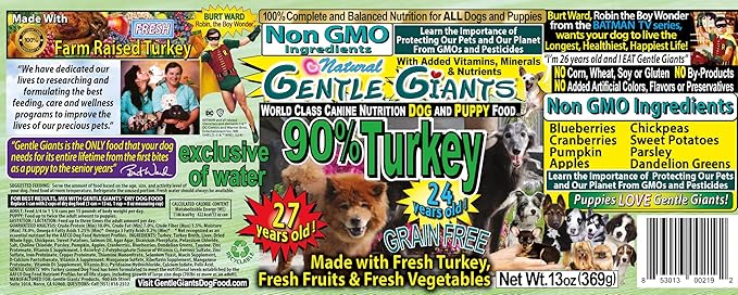 Gentle Giants All Natural Dog Food, 12 Pack - Canned Turkey Wet Dog Food with Grain-Free, Non GMO Ingredients - World Class Canine Cuisine - Complete Nutrition For Small, Medium, Large and Giant Dogs
