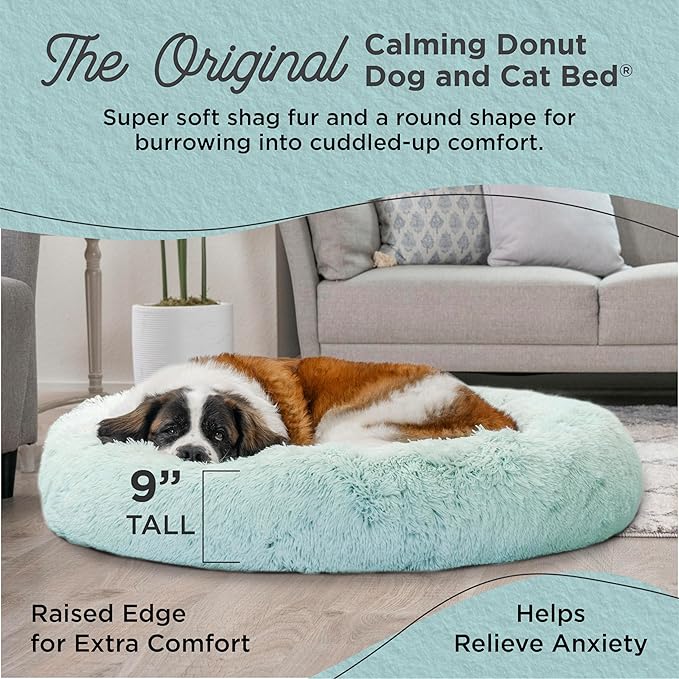 Best Friends by Sheri Original Calming Donut Dog and Cat Bed, Shag Faux Fur, Baby Blue, XL (45in x 45in) - Anxiety Relief for Pets Up to 150 lbs