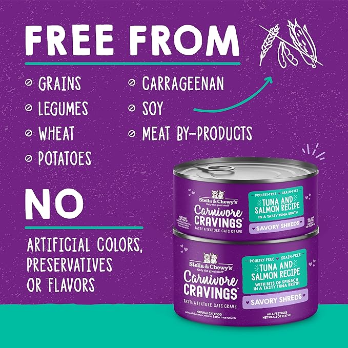 Stella & Chewy's Carnivore Cravings Savory Shreds - Wet Cat Food - High-Moisture Formula with Premium Real Meat - Perfect for Picky Eaters - Tuna & Salmon Recipe, 2.8 oz, 12 Count