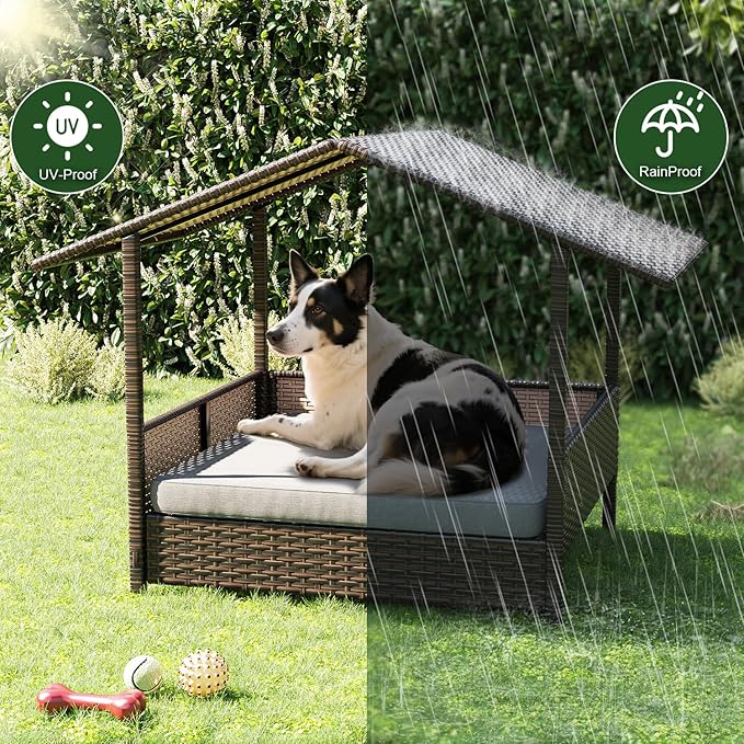 Waleaf Wicker Dog House Outdoor Indoor with Canopy and Removable Cushion, Elevated Rattan Dog Bed Shelter for Small/Medium Dogs, Weather Proof Cushion Cover Pet Cabana for Patio, Deck, Pool, Yard
