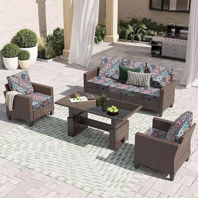 HANDONTIME 8Pcs Outdoor Patio Cushion Covers Boho Medallion Stretch Couch Cushion Cover Patio Couch Slipcover for Outdoor/Indoor Washable Non-Slip Furniture Protector for Pet (Boho,Cover Only)