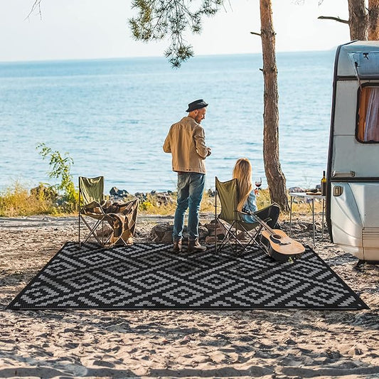 GENIMO Outdoor Rug 4x6 Waterproof, Reversible Mats, Outdoor Area Rug, Plastic Outside Carpet, Eeometric Rv Mat for Patio Camping Rv Picnic Backyard Deck Balcony Porch Beach (Black & Grey)