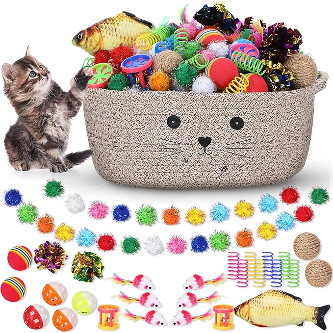 Zopeal 58 Pcs Easter Cat Storage Basket Gift Toys Set, Colorful Flashing Balls Pet Bell Crinkle Balls Spring Toys Attract Cat to Swat, Hunt, Interactive for Pet(Dark Brown,12 Inch)