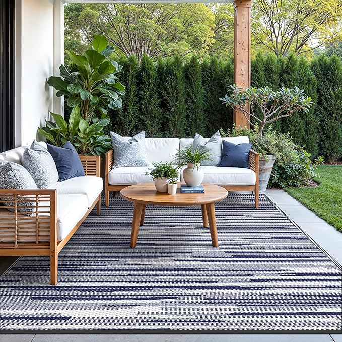 GENIMO Outdoor Rug for Patio Clearance, 8'x10' Waterproof Camping Mat, Reversible Plastic Straw Rugs for RV, Camper, Balcony, Backyard, Picnic, Deck (Blue White)