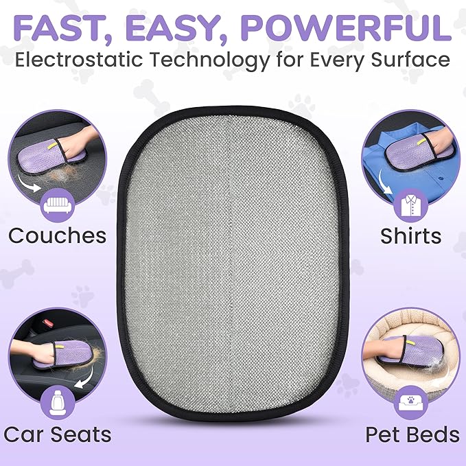 Pet Hair Removal Glove for Cats and Dogs, Electrostatic Magic Brush Pet Hair Remover for Dog Couch, Available in Blue, Purple, Pink, Brown- Perfect for Pet Owners (Purple)