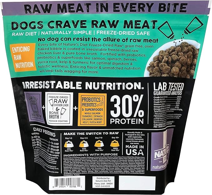 Nature's Diet Freeze-Dried Fresh Raw Coated Chicken, Bone Broth & Superfoods Kibble with Probiotics, Prebiotics & Freeze-Dried Chicken Liver