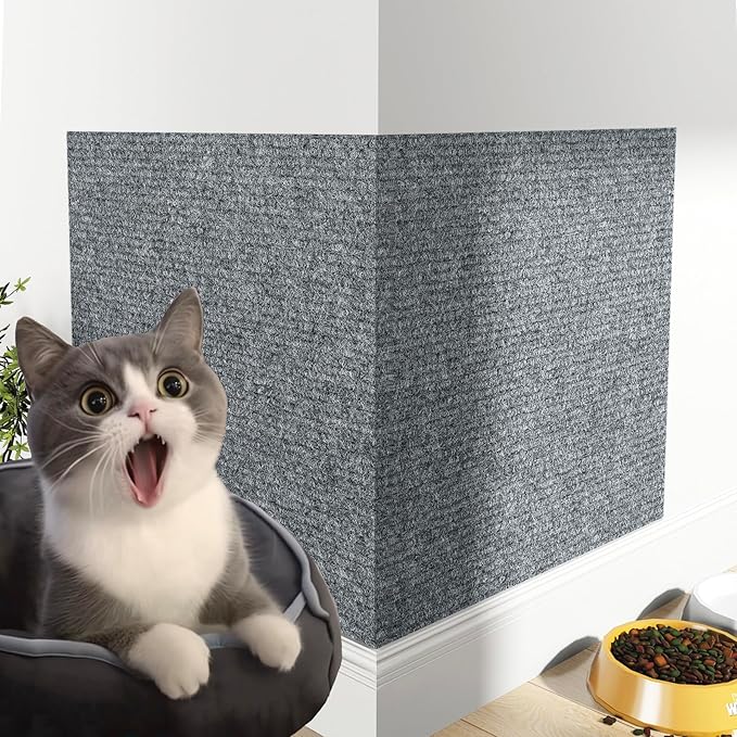 Decotalk 23.6"x78.7" Cat Wall Scratch Mat Grey Self-Adhesive Cat Scratch Furniture Protector Wall Cats Scratching Mat Scratching Corner Pad for Cats Tower, Couch Protector Light Grey, Renter Friendly