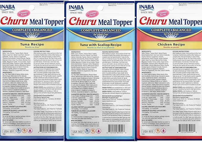 INABA Churu Meal Topper for Cats, Complete & Balanced, Creamy, Lickable Purée Cat Food Topper, 0.5 Ounce Tube, 12 Tubes (4 per Pack), 3 Flavor Variety Pack