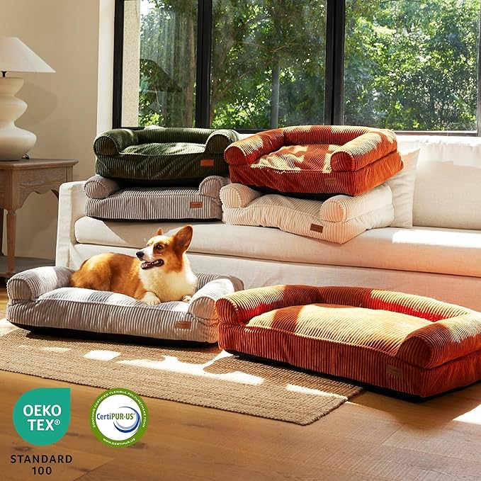FUKUMARU Cute Dog Bed, Waterproof Corduroy Dogs Couch, 36in Orthopedic Pet Sofa for Medium to Large Dogs Dog, Warm Cotton Pet Bed with Washable Cover, Green
