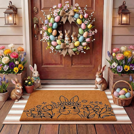 Tinideya 2 Pcs Easter Day Door Mat Welcome Outdoor Non Slip Coir Mats Flower and Bunny Floor Layering Doormats Seasonal for Front Porch Entryway Decor (Easter Bunny)