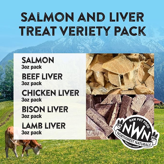 Northwest Naturals Freeze-Dried Raw Rewards Variety Pack - Dogs & Cats - Salmon (2.5 Oz), Beef, Bison, Chicken, Lamb Livers - Healthy, 1 Ingredient, Natural, Proudly Made in USA 3 Oz (Pack of 5)