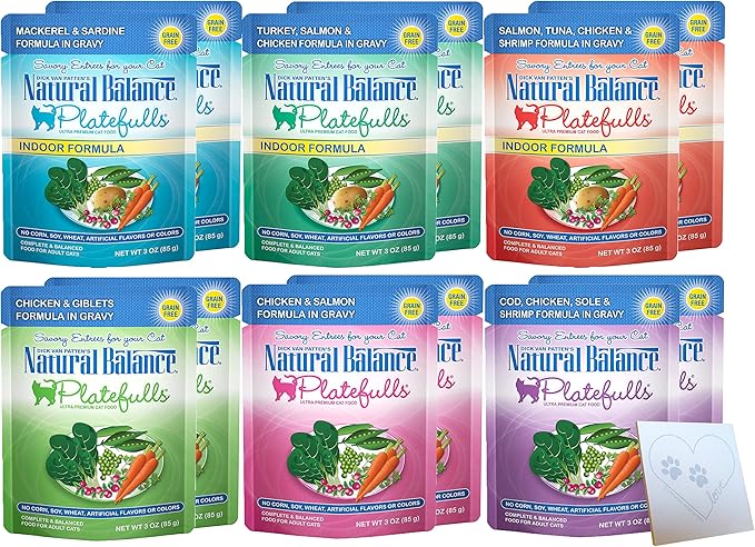 Natural Balance Grain-Free Platefulls Variety Pack Six Flavors: Turkey, Salmon & Chicken, Chicken Giblets, Cod & Sole, Salmon & Tuna, and Mackerel + Pet Paws Notepad - 3 Ounces Each (12 Pouches Total)