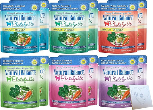 Natural Balance Grain-Free Platefulls Variety Pack Six Flavors: Turkey, Salmon & Chicken, Chicken Giblets, Cod & Sole, Salmon & Tuna, and Mackerel + Pet Paws Notepad - 3 Ounces Each (12 Pouches Total)