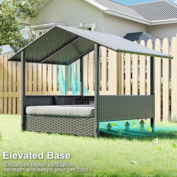Waleaf Wicker Dog House Outdoor Indoor with Canopy and Removable Cushion, Elevated Rattan Dog Bed Shelter for Small/Medium Dogs, Weather Proof Cushion Cover Pet Cabana for Patio, Deck, Pool, Yard