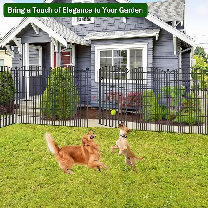 No Dig Decorative Garden Fence 4 Panels with Gate, 48 in (H) x 10.4 ft (L), Dog Fence Outdoor for Yard，Rustproof Metal Animal Barrier Ground Stakes Fencing for Garden, Patio, Flower Bed