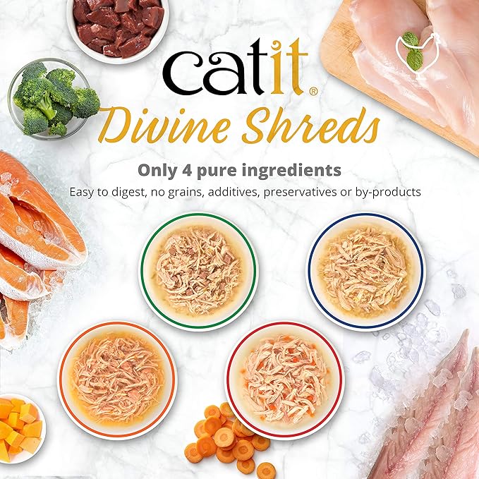 Catit Divine Shreds Premium Cat Food Topper, Chicken with Liver & Broccoli (Pack of 4)