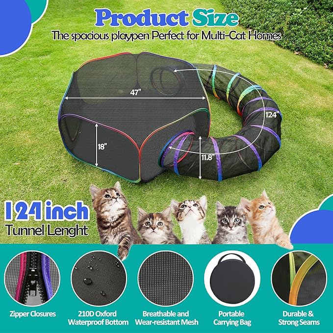 Outdoor Cat Enclosures, Portable Rainbow Catio Playground with Storage Bag & 4 Tent Stakes for Cats and Small Animals, Foldable Cat Playpen with Tunnel for Outside and Indoor Play