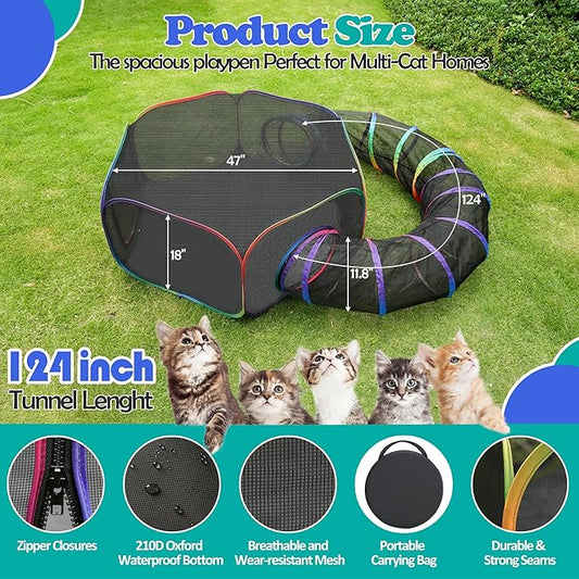 Outdoor Cat Enclosures, Portable Rainbow Catio Playground with Storage Bag & 4 Tent Stakes for Cats and Small Animals, Foldable Cat Playpen with Tunnel for Outside and Indoor Play