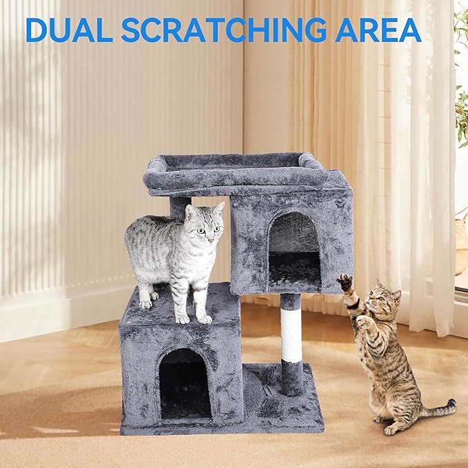 33 inches Small Cat Tree for Indoor Cats, Multi-Level Cat Trees with Scratching Posts, Padded Plush Perch, Large Condos & Playhouse for Kittens/Adult Cats