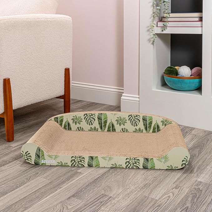 CSR1004B Montego 27.5" Coastal Patterned Cardboard Lounge Bed Cat Scratcher with Catnip, Mint/Green