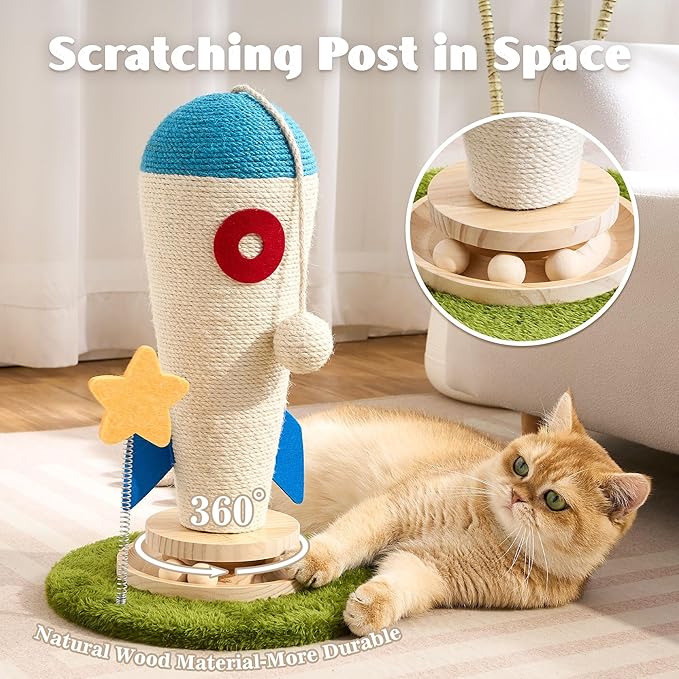Cat Scratching Post, Rocket Cute Sisal Cat Scratcher with Durable Solid Wood Turntable Toy, Cat Scratch Post Red Cat Scratcher with Spinning Star Toy for Indoor Adult Cats