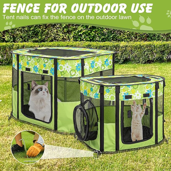 Portable Cat Playpen with Separate Areas, Foldable Indoor Outdoor Cat Enclosure, Portable Pet Tent for Kittens and Small Animals, Collapsible Tent Kennel Cage House with Tent Pegs and Carry Bag