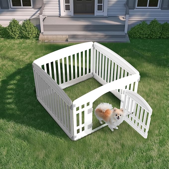 NEWBULIG Dog Playpen 4-Panel, 24IN Puppy Playpen, Stable Dog Play Pen Indoors/Outdoor with Secure Locking Door, Plastic Pet Fence for Small & Medium Dogs