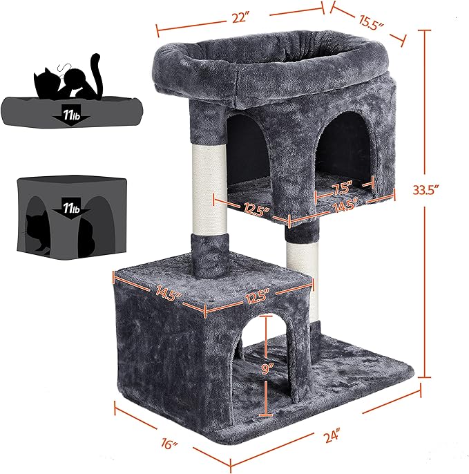 Yaheetech Cat Scratching Post, 33in H Cat Scratcher with Sisal Rope, Cat Furniture w/Large Condos＆Top Perch for Indoor Kitten/Adult Cats, Dark Grey