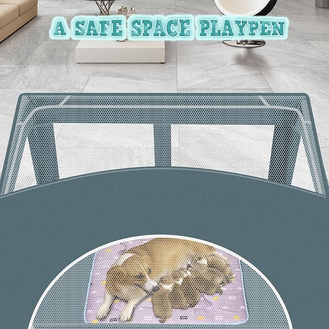 42x42 Inch Puppy Playpen with Cover, Dog Playpen for Puppies or Small Dogs, Pet Playpen for Indoor & Outdoor, Sturdy DogPen with Thickened Fabric, High-Strength Nylon Wire Mesh, Bluish Green