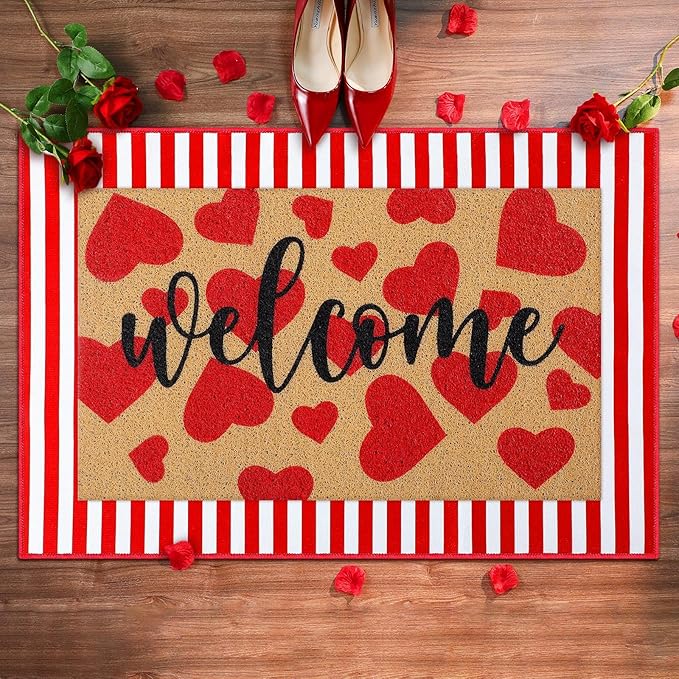Tinideya 2 Pcs Valentines Welcome Door Mat Heart Outdoor Welcome Mats for Front Door Non Slip Heart Coir Floor Mat Red White Stripe Valentines Rug for Outside Front Porch Entryway Decor