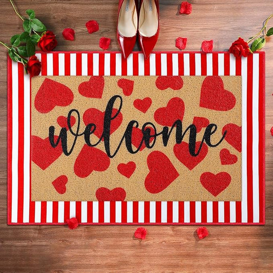 Tinideya 2 Pcs Valentines Welcome Door Mat Heart Outdoor Welcome Mats for Front Door Non Slip Heart Coir Floor Mat Red White Stripe Valentines Rug for Outside Front Porch Entryway Decor