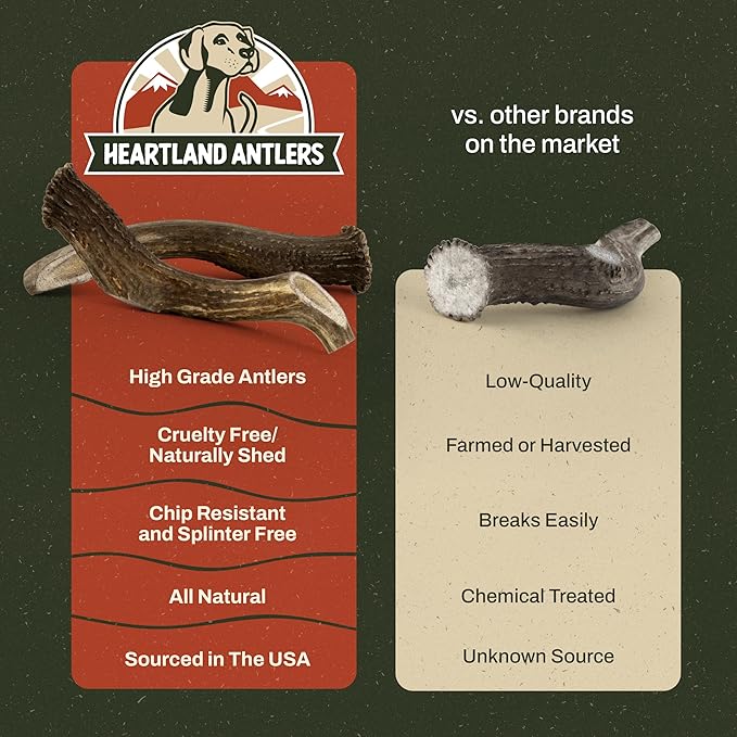 Heartland Deer Antlers for Dogs - Daily Dental Care Chews for Aggressive Chewers to Reduce Plaque & Prevent Destructive Behavior (Small, 4–5, 2-Pack, Grade A, USA Made)