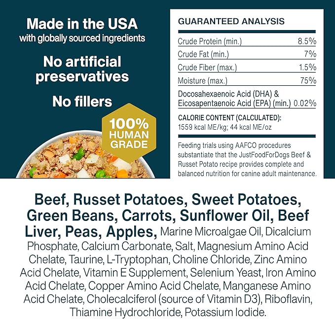 JustFoodForDogs Frozen Fresh Dog Food, Complete Meal or Dog Food Topper, Beef & Russet Potato Human Grade Dog Food Recipe, 72 oz (Pack of 7)