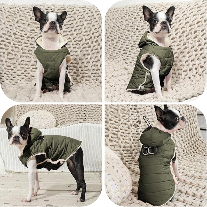 Fleece Lining Dog Hoodie with Harness Built in,Extra Warm Medium Dog Jacket in Winter Doggie Coats with Drawstring Hooded,Green XL