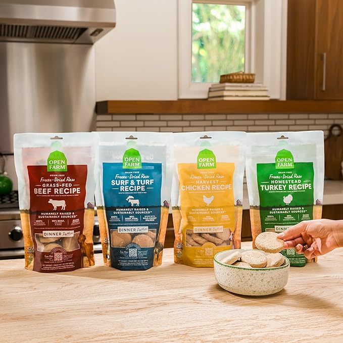 Open Farm, Freeze Dried Raw Dog Food, Patties with 95% Meat, Organs & Bone, Complete Meal or Freeze Dried Dog Food Mixer, Surf & Turf Recipe, 10.5oz Bag