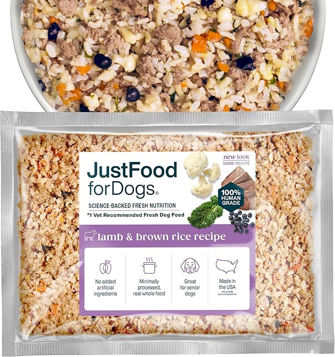 JustFoodForDogs Frozen Fresh Dog Food, Complete Meal or Topper, Lamb & Brown Rice Human Grade Dog Food Recipe, 72 oz (Pack of 7)