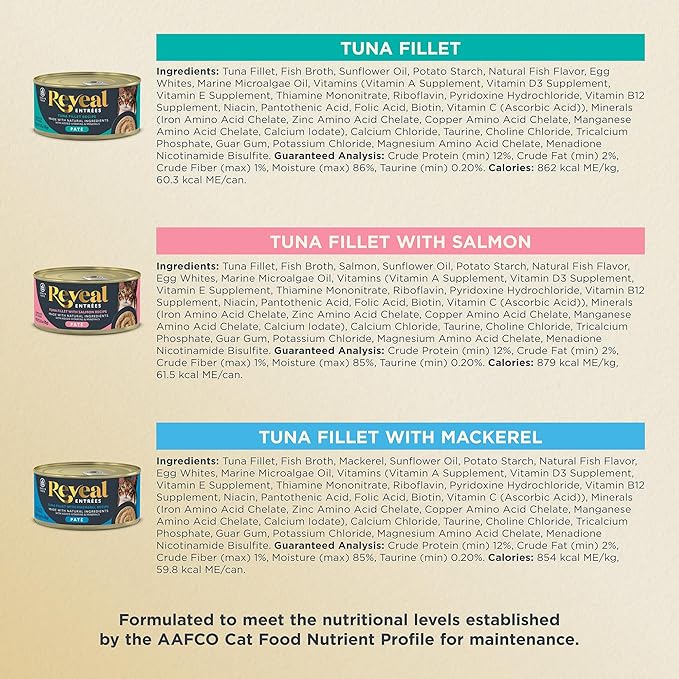 Reveal Entrées Natural Wet Cat Food Paté, Grain-Free with Added Vitamins & Minerals, Carrageenan-Free and High Protein, Fish Variety Selection Paté (12 x 2.47 oz Cans)
