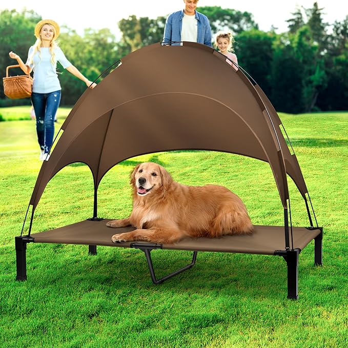 Heeyoo Elevated Dog Bed with Canopy, Portable Dog Cot with Removable Shade Tent, Outdoor Raised Pet Cot Cooling Bed for Dogs