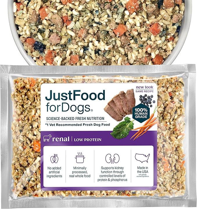 JustFoodForDogs Renal Support Low Protein Dog Food for Kidney Health, Fresh Frozen Human Grade Dog Food, Rx, 18 oz (Pack of 21)