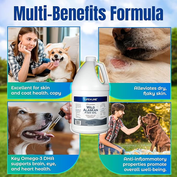 Life Line Pet Nutrition Wild Alaskan Fish Oil for Dogs and Cats 128oz – Omega 3 Fish Oil Supplement for Skin & Coat, Brain, Eye & Heart Health