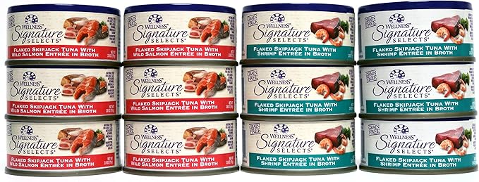 Wellness Natural Grain Free Signature Selects Flaked Wet Cat Food Variety Pack Box - 2 Flavors (Wild Salmon & Shrimp) - 2.8 Ounces Each (12 Total Cans)