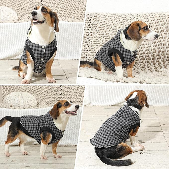 Fleece Lining Dog Hoodie for Small Dogs Extra Warm Plaid Sweater with Drawstring Hooded Coats in Winter Puppy Jacket,Black S