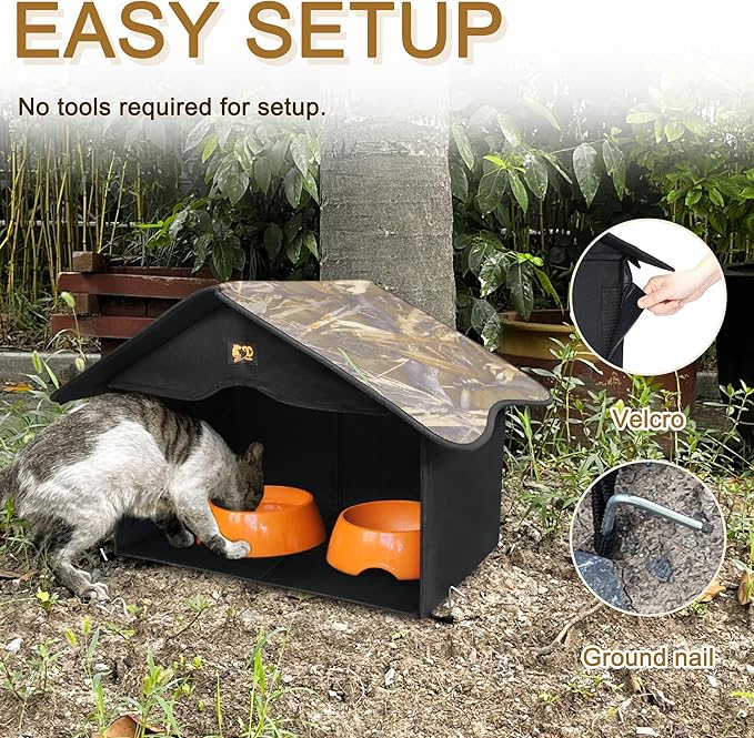 Outdoor Cat House, Waterproof Pet Shelter/Dining Room, for Feral/Community Cats (Camo1)