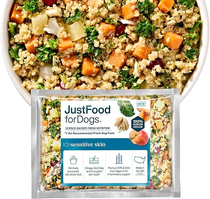 JustFoodForDogs Sensitive Skin Dog Food, Frozen Fresh Pet Meals and Toppers for Skin and Coat, Human Grade, Fortified with Omega 3, Highly Digestible, White Fish - 18-oz, 7 Pack