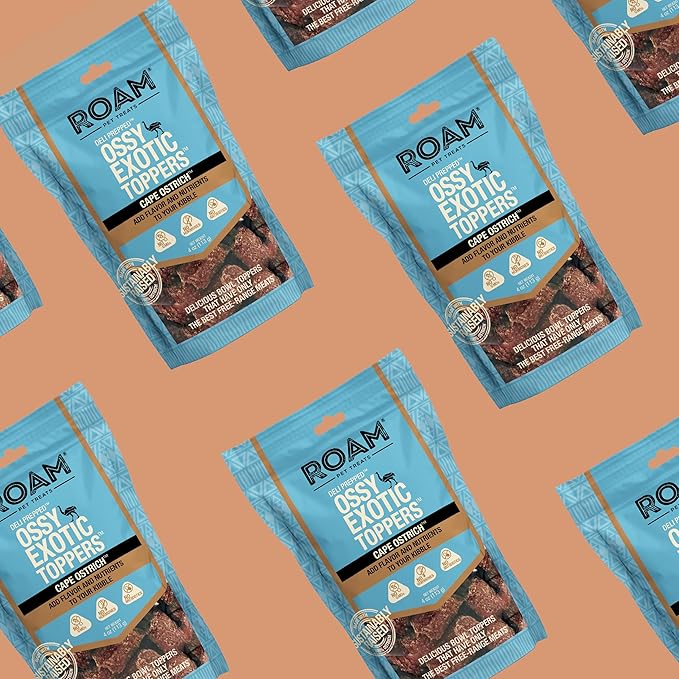 ROAM Pet Treats Ossy Exotic Dog Topper - Single Protein, Sustainably Raised Ostrich Meat Dog Food Topper - Non-GMO Ostrich Dog Treat 4 Ounce