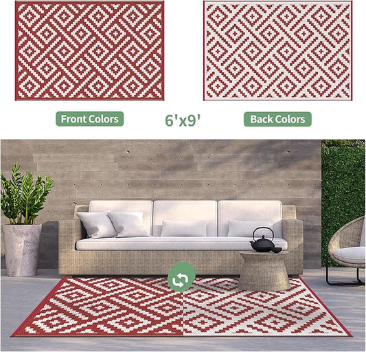 GENIMO Outdoor Rug for Patio Clearance, 6'x9' Reversible Plastic Straw Rugs, Lightweight Waterproof RV Camping Mat for Camper, Balcony, Deck, Backyard, Picnic, Red White