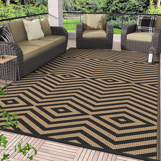 GENIMO Outdoor Rug for Patio Clearance, 6'x9' Reversible Plastic Straw Rugs, Lightweight Waterproof Modern RV Camping Mat for Camper, Balcony, Deck, Backyard, Picnic, Black Brown
